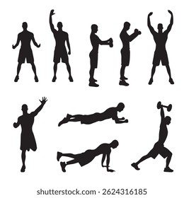 Grande conjunto de silhuetas vetoriais do homem fazendo exercícios de fitness e esporte isolado no fundo branco. Ícones de menino esportivo praticando exercícios em diferentes posições. Conceito de vida ativa e saudável.