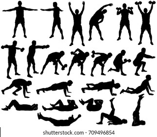 Big set of vector silhouettes of man doing fitness and sport workout isolated on white background. Icons of sportive boy practicing exercises in different positions. Active and healthy life concept.