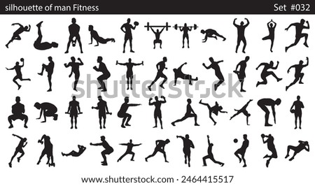 Big set of vector silhouettes of man fitness, bodybuilding, exercising, sport and yoga workout isolated on white background, icon of practicing exercises in different positions