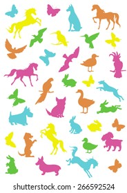 Big set of vector silhouettes, outlines and drawings of animals