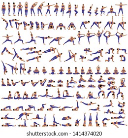 Big set of vector silhouettes of woman doing yoga exercises. Colored icons of a girl in many different yoga poses isolated on white background. Yoga complex. Fitness workout. - Shutterstock ID 1414374020