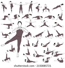 Big set of vector silhouettes of woman practicing fitness and yoga. Contours of girl in costume doing exercises and stretching in different poses isolated on white background. 
