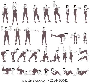 Big set of vector silhouettes of woman  working out with dumbbells. Illustrations of sportive girl  in costume doing fitness exercises with weights for muscles of arms and legs. Fintess Icons.