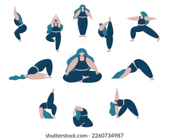 Big set of vector silhouettes of woman doing yoga exercises. Colored icons of a girl in many different yoga poses isolated on white background. Yoga complex. Fitness workout. Cartoon style