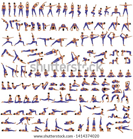 Big set of vector silhouettes of woman doing yoga exercises. Colored icons of a girl in many different yoga poses isolated on white background. Yoga complex. Fitness workout.