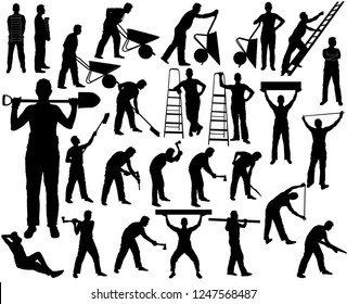 Big set of vector silhouettes of worker isolated on white background. Icons of man working with different instruments and tools.