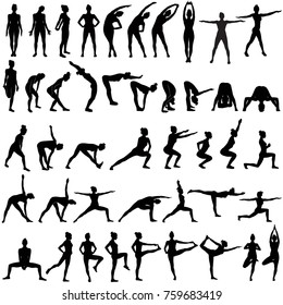Big set of vector sillhouettes of slim woman doing fitness work out and yoga stretching in different standing poses. Fitness and yoga girl icons isolated on white background.