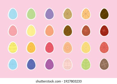 Big set of vector simple Easter eggs. Easter eggs of bright and pastel colors. Cute clip art of Easter eggs. Printable for stickers. Easter eggs with traditional and modern ornament.