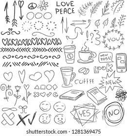 Big set of vector simple line art illustrations. Suitable for the decoration of your blog, accounts in social networks or sites. Handwritten words written and drawn, and art. geometric shapes.