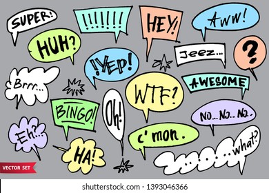 Big Set Of Vector Speech Bubble Doodle Style. Hand Drawn Call Outs With Various Interjections. Marker Drawm Messages And Exclamations.