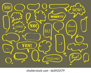 Big set of vector speech bubble doodles yellow on grey background