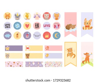 Big set of vector stickers with animals and doodles. scotch tape for plans. tags for diaries