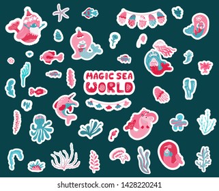 Big Set of vector stickers. Magical sea world - little mermaid, unicorn, narwhal, fishes,  jellyfish, sea animals and starfish in scandinavian style. Vector collection in cartoon style. Under sea.