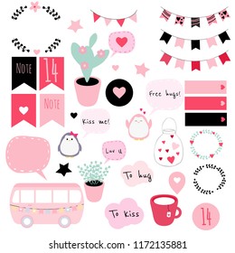 Big set of vector stickers in Valentine's Day theme. Good for patches, scrapbooking, planners, bullet journals, etc.