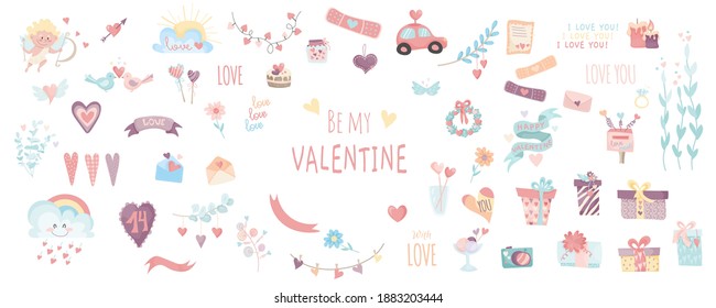Big set of vector stickers for valentine's day. collection of vector illustrations about love