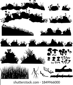 Big set of the vector stones and rocks with grass and flowers. Mountain tall and short plants, grassy hummocks, stumps, mushroom hand drawn silhouettes isolated on the white background.