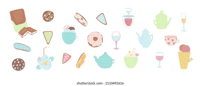 Big set of vector teapots, desserts, glasses and cups. Concept of ideal breakfast and teatime. Perfect fits for stickers, scrapbooking. Collection of cute flat kitchen, restaurant elements