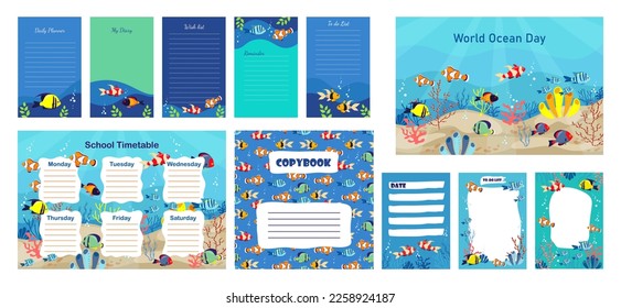 Big set of vector templates planner, to do list, marine design exotic fish. Organizer of the school timetable lessons sea of ​​life flat style.