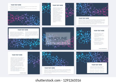 Big set of vector templates for presentation slides. Modern graphic background structure molecule and communication. Scientific pattern atom DNA. Medical, science, chemistry design