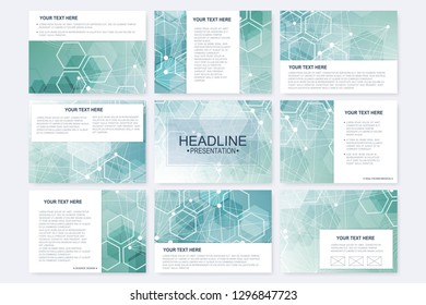 Big set of vector templates for presentation slides. Modern graphic background structure molecule and communication. Scientific pattern atom DNA. Medical, science, chemistry design.