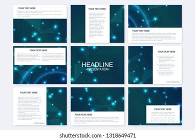 Big set of vector templates for presentation slides. Modern graphic background structure molecule and communication. Scientific pattern atom DNA. Medical, science, chemistry design