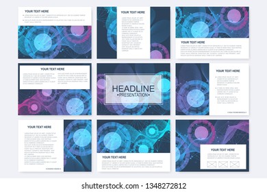 Big set of vector templates for presentation slides. Modern graphic background structure molecule and communication. Scientific pattern atom DNA. Medical, science, chemistry design