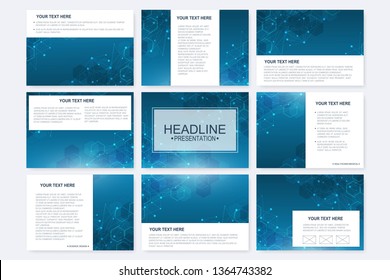 Big set of vector templates for presentation slides. Modern graphic background structure molecule and communication. Scientific pattern atom DNA. Medical, science, chemistry design