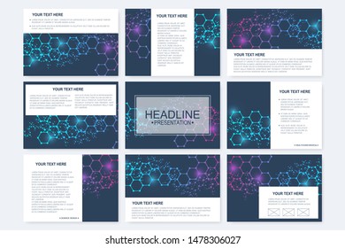 Big set of vector templates for presentation slides. Modern graphic background structure molecule and communication. Scientific pattern atom DNA. Medical, science, chemistry design.