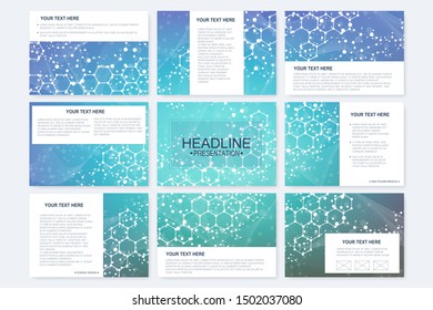 Big set of vector templates for presentation slides. Modern graphic background structure molecule and communication. Scientific pattern atom DNA. Medical, science, chemistry design.