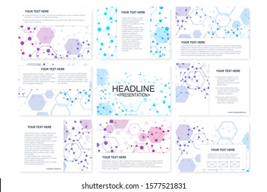 Big set of vector templates for presentation slides. Modern graphic background structure molecule and communication. Scientific pattern atom DNA. Medical, science, chemistry design.