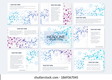 Big set of vector templates for presentation slides. Modern graphic background structure molecule and communication. Scientific pattern atom DNA. Medical, science, chemistry design.