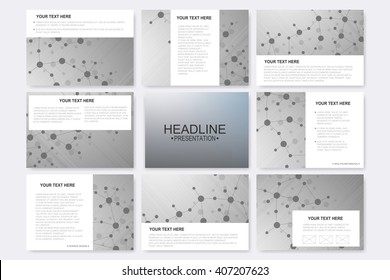 Big set of vector templates for presentation slides. Modern graphic background molecule structure and communication. Medical, science, chemistry, technology design