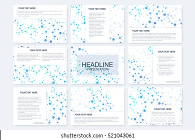 Big set of vector templates for presentation slides. Modern graphic background structure molecule and communication. Scientific pattern atom DNA. Medical, science, chemistry design.
