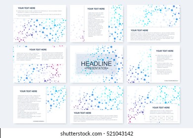 Big set of vector templates for presentation slides. Modern graphic background structure molecule and communication. Scientific pattern atom DNA. Medical, science, chemistry design.