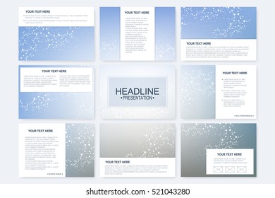 Big set of vector templates for presentation slides. Modern graphic background structure molecule and communication. Scientific pattern atom DNA. Medical, science, chemistry design.