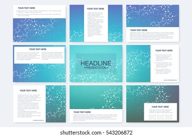 Big set of vector templates for presentation slides. Modern graphic background structure molecule and communication. Scientific pattern atom DNA. Medical, science, chemistry design.