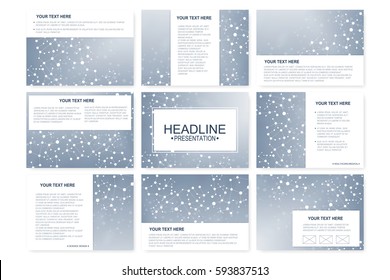 Big set of vector templates for presentation slides. Modern graphic background structure molecule and communication. Scientific pattern atom DNA. Medical, science, chemistry design