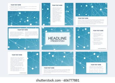 Big set of vector templates for presentation slides. Modern graphic background structure molecule and communication. Scientific pattern atom DNA. Medical, science, chemistry design.