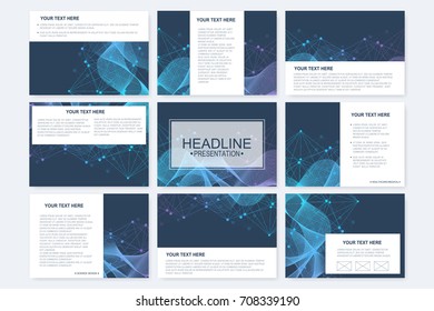 Big set of vector templates for presentation slides. Modern graphic background structure molecule and communication. Scientific pattern atom DNA. Medical, science, chemistry design