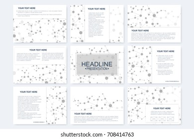 Big set of vector templates for presentation slides. Modern graphic background structure molecule and communication. Scientific pattern atom DNA. Medical, science, chemistry design.