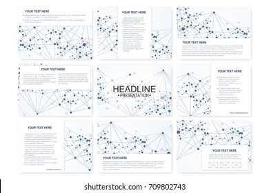 Big set of vector templates for presentation slides. Modern graphic background structure molecule and communication. Scientific pattern atom DNA. Medical, science, chemistry design.