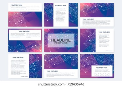 Big set of vector templates for presentation slides. Modern graphic background structure molecule and communication. Scientific pattern atom DNA. Medical, science, chemistry design.