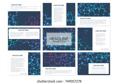 Big set of vector templates for presentation slides. Modern graphic background structure molecule and communication. Scientific pattern atom DNA. Medical, science, chemistry design.