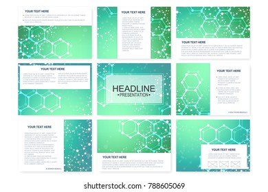 Big set of vector templates for presentation slides. Modern graphic background structure molecule and communication. Scientific pattern atom DNA. Medical, science, chemistry design.