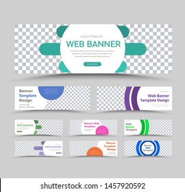 Big set of vector templates of white horizontal web banners with circular color design elements and a place for an image. standard size for advertising.