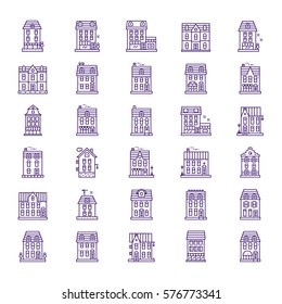 Big Set of vector thin line icon houses. For web design, application interface, info graphics. Flat isolated vector illustration on white background. Linear stokes, easy to edit .