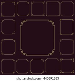 Big set of vector thin vintage gold frame for your design. Vintage cover. Place for text. Vintage beautiful rectangular frame. 