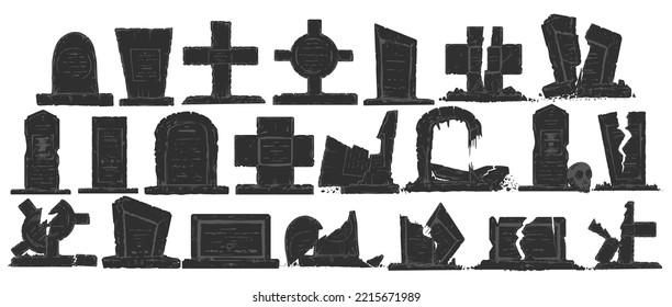 Big set of vector tombstones isolated on white background. Ruined old graves with worn stone texture. Stock graphics to create a cemetery. Elements for Halloween cards and Day of the Dead.