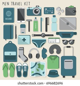 Big set of vector travel icons: passport, phone,card, socks, hat, brush, pants etc.