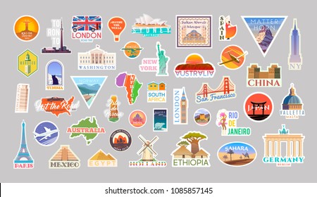 Big Set of vector travelling stickers. Landmarks of the World. Collection include, Turkey, the USA, Italy, France, Egypt, China, Spain, the UK, Australia, Brazil, Malta, Japan, South Africa and other.